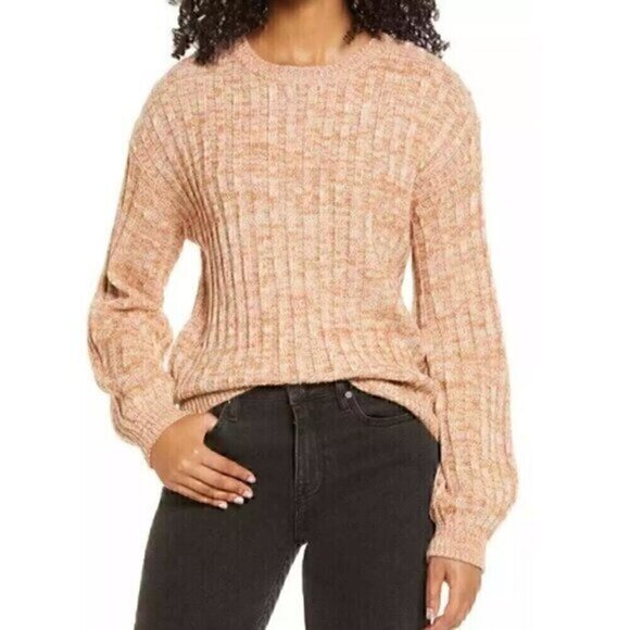 BLANK NYC BLANKNYC Heather Ribbed Crewneck Sweater Tan Brown White Marled Winter - Picture 1 of 14